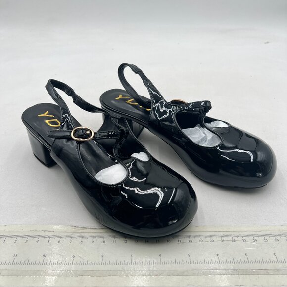 YDN Black Slingback Pumps T Strap Slip On Block Heel Closed Round Toe Dress Shoe - Picture 4 of 8